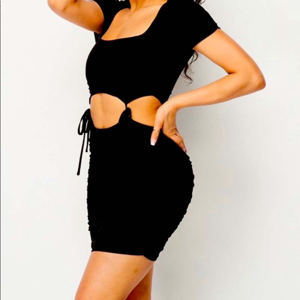 Sexy Black Ruched Dress with Open Front and Trendy Side Ties